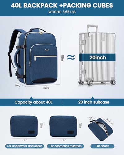Image of LOVEVOOK 40L Travel Backpack Flight Approved Carry on Backpack,3 Packing Cubes,Waterproof Personal Item Travel Bag,TSA Carry on Luggage Suitcase Travel Essentials,Gifts for Women & Men,fits 17 inch Laptop
