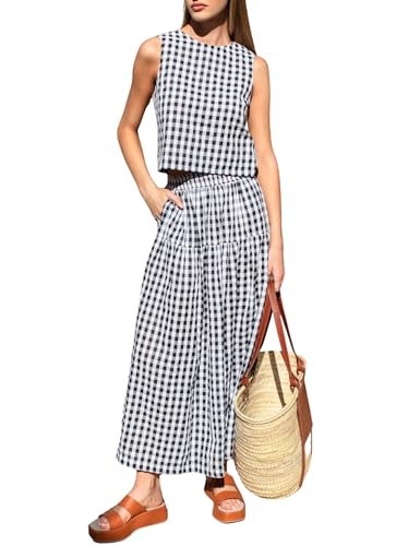QIBABU Womens Gingham 2 Piece Outfits Casual Sleeveless Crop Top