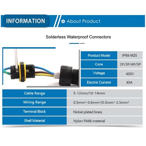 1 Stück IP68 M25 wasserdichter elektrischer Steckverbinder – 2/3/4/5-poliger Verdrahtungsanschluss for 5–14 mm schnelle Kabelverbindung(1Set 3P 9.0-12.0mm)