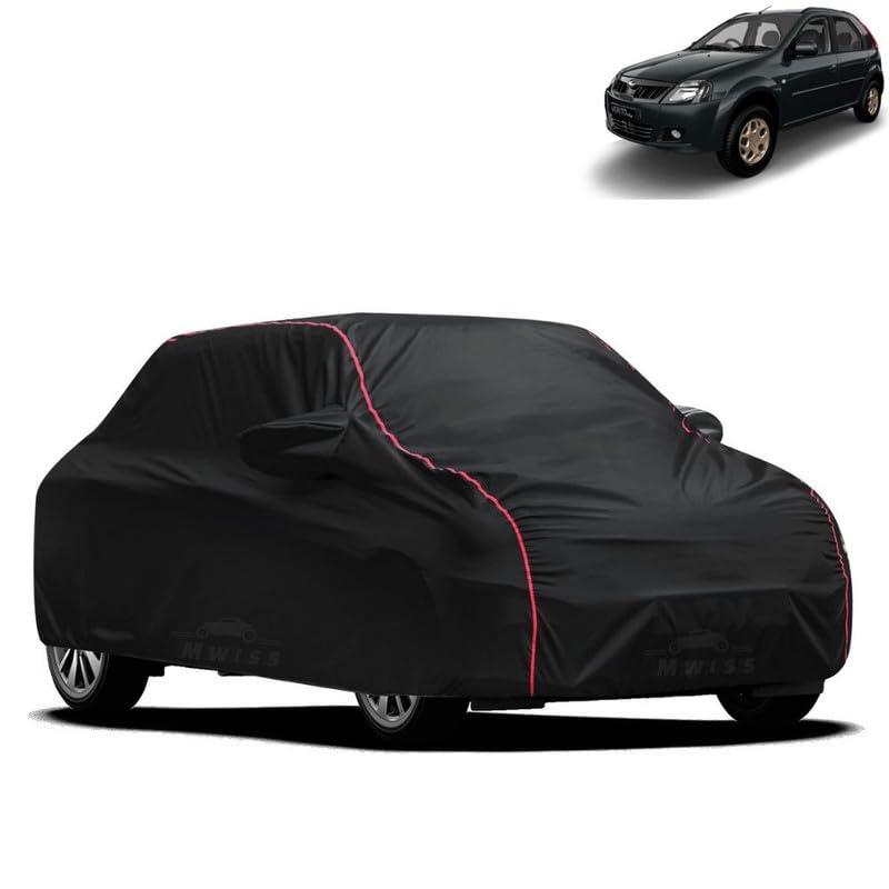 Image of Waterproof Car Cover for Mahindra Verito Vibe | All-Weather Protection, Dustproof & UV Resistant | Triple Stitched Mirror Pockets, Windproof Buckle Strap with Elastic Hem, Black-Red Piping