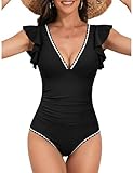 Nadeer Maillot de Bain Femme 1 Pièces Gainant Ventre Plat Col en V Volants Dos Nu Maillots Une Pièce Sexy Push up Bloc de Couleur Monokini Swimsuit Piscine de Plage(Noir,XXL)