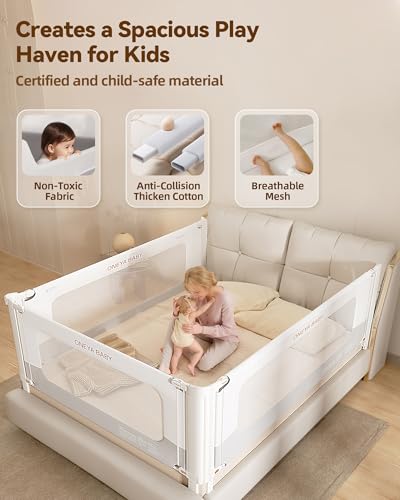 Bed Rail for Toddlers, Thickened & Reinforced Toddler Bed Rails with Double Child Lock, Upgraded Kids Baby Bed Rail Guard/Bed Side Rails for Queen, King Size,White/Grey, 1Side, 78.7" Lx28 H - Thumbnail 5