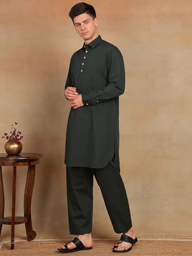Image of See Designs Men's Full Sleeve Shirt Collar Solid Pathani Kurta with Salwar