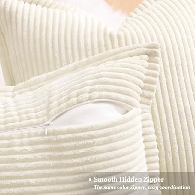 decorUhome Corduroy Cream White Throw Pillow Covers 18x18 Set of 2 Decorative Soft Boho Striped Neutral Euro Farmhouse Couch Pillow Covers with Broadside for Living Room Bed Sofa