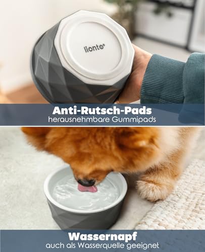 lionto Futternapf aus Keramik mit rutschfestem Silkonboden, 350 ml, Hundenapf aus robustem & geruchsneutralem Material, leicht zu reinigen, ergonomisches Design, Wassernapf für Hunde&Katzen, grau