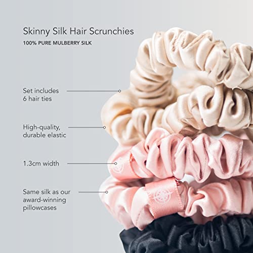 Fishers Finery 25 Momme Pure Mulberry Silk Skinny Scrunchies | Hair Tie Set For Thin Hair (Black|Pink|Champagne- 6 Pk) #TOP4