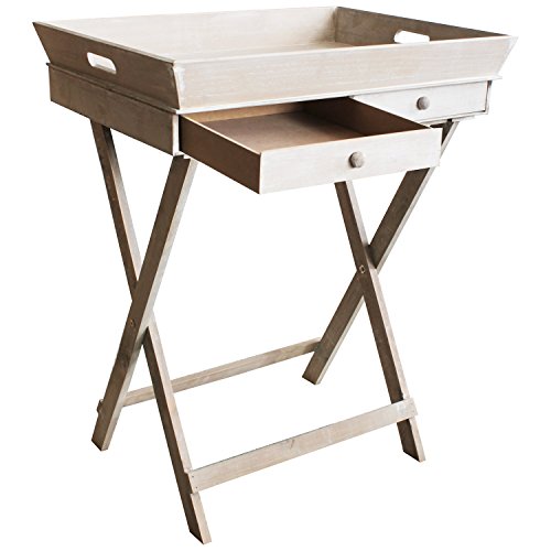 Tablett-Tisch mit 2 Schubladen und Gestell Serviertisch Beistelltisch Serviertablett abnehmbar Landhaus Stil - 3