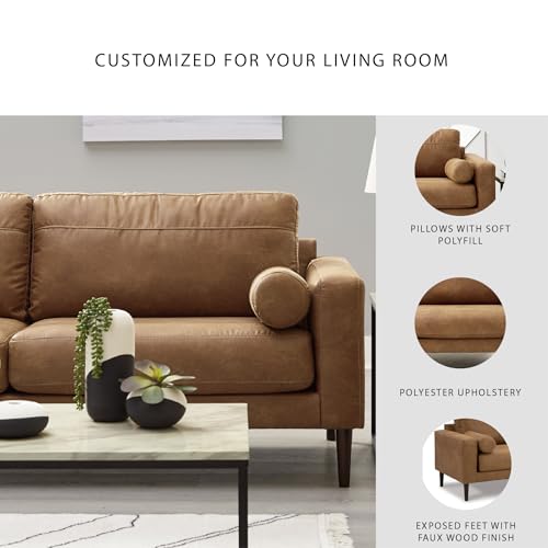 Image of Signature Design by Ashley Telora Faux Leather 3 Seater Sofa Couch, Caramel | Medium plush fiber-wrapped foam seating, Track arms, Loose back cushions, Mid-century modern style