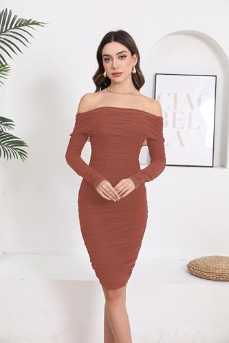 Image of Fooullaide Women's Sexy Off Shoulder Sleeveless Bodycon Ruched Midi Dress