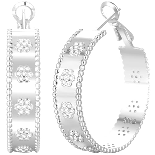 Senteria 8mm Wide 925 Sterling Silver Hoop Earrings for Women Hypoallergenic Chunky Silver Hoop Earrings with Flower Large Thick Hoops Earring Lightweight 14K Gold Plated Hoops for Women 25/30/40/50mm