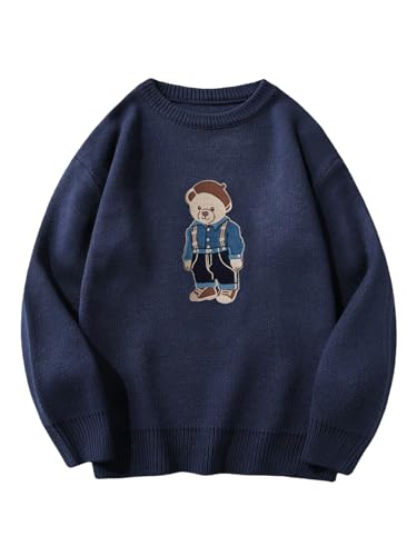 SHENHE Men's Oversized Crew Neck Cute Bear Sweater Vintage Unisex Preppy Graphic Sweater Jumper Deep Blue Small