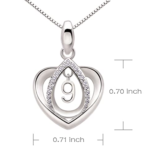 ALOV Jewelry Sterling Silver Lucky Number 9 Ninth Anniversary Numeral Nine Love Heart Cubic Zirconia Pendant Necklace - Image 2