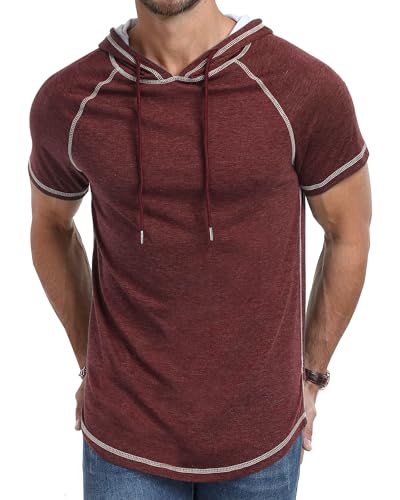 Image of AIYINO Men's Short Sleeve Hoodie Workout Gym Sweatshirt Muscle Fit Fashion Athletic Hoodies Pullover Cotton Hooded T-Shirts 3XL Wine Red