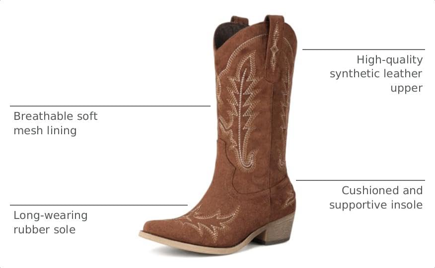 Image of Rivalran Cowboy Boots for Women - Cowgirl Boots with Embroidery, Chunky Heel Pointed Toe Pull-on Vintage Western Mid Calf Fashion Boots for Ladies
