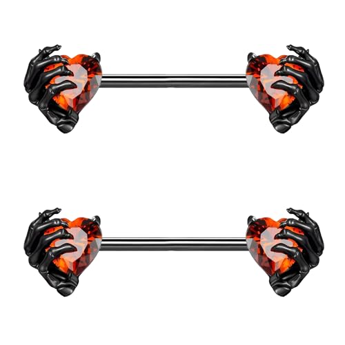 FLOGWE 14G 316L Stainless Steel Halloween Nipple Barbell Rings Devil Heart Nipple Rings Nipple Piercing Jewelry for Women and Men (Black Heart)