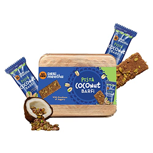 GO DESi – DESi Meetha Pista Coconut Barfi | 300 grams | Indian Sweets Gift Pack | 25 Individually Wrapped Barfis | Dry Fruits Sweet | Pistachio nuts bar | Sweets Indian Mithai