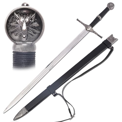 Medieval White Wolf Silver Steel Sword Metal Two Handed Replica Sword 41inch Suitable for Cosplay LARP Costumes Halloween Props