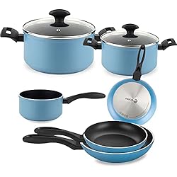 Cazuelas Induccion Fagor Fagor Maxima Batería Cocina Inducción 8 Piezas Set 2 Cazuelas 20-24 cm, 2 Tapas Cristal, 3 Sartenes 20-24-28 cm, Cazo 16 cm Alumninio Forjado, Antiadherente sin PFOA, Apta Todas Las Cocinas, Azul