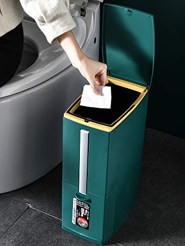 Cq Acrylic Slim Plastic Trash Can 2.1 Gallon,Trash Can With Toilet Brush Holder,8 Liter Garbage Can With Press Top Lid,White Rectangular Modern Waste Can For Bathroom,Gray #TOP6