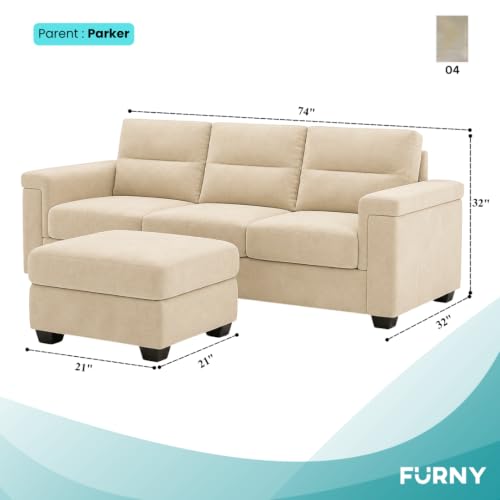 Image of FURNY Parker 3 Seater Sofa Set with Ottoman | Premium Suede Velvet Fabric Finish | Durable Comfort Sofa for Modern Living Room & Office Spaces (Cream)