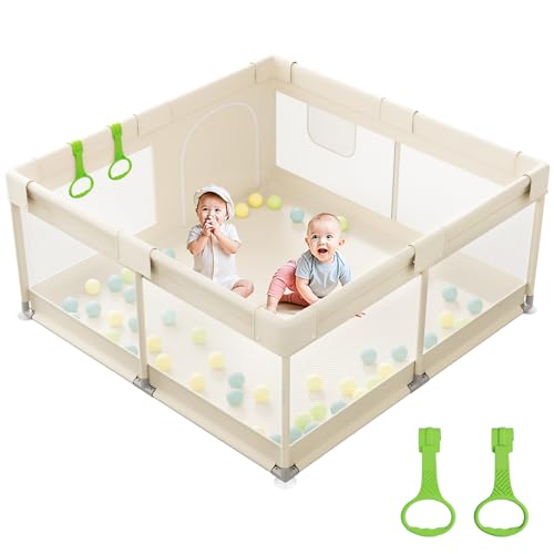 Julrrimg Laufstall Baby - 120x120 cm Laufgitter Baby mit Atmungsaktivem Netz & 2 Griffen, Beige