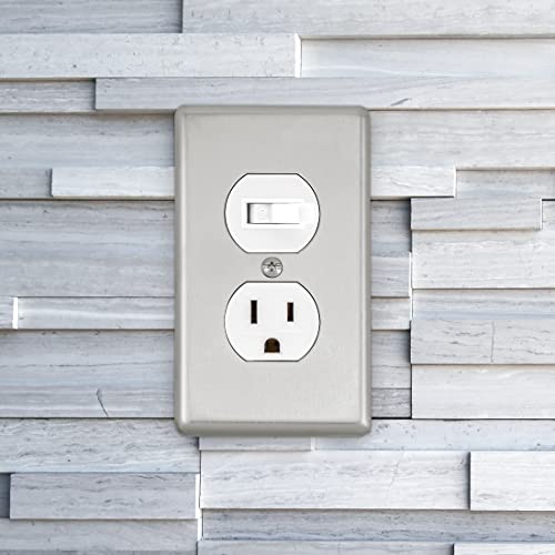 Maxxima 10 Pack 1 Gang Duplex Receptacle Metal Wall Plate, Stainless Steel, Standard Size Outlet Cover (Pack Of 10) #TOP2