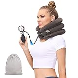 DISPOSITIVO DE TRACCIÓN CERVICAL AJUSTABLE: Puede controlar la cantidad de aire en esta camilla de cuello inflable para obtener el mejor soporte. Dos correas de velcro le permiten personalizar la tensión para lograr el grado adecuado de tensión y eliminar las molestias.