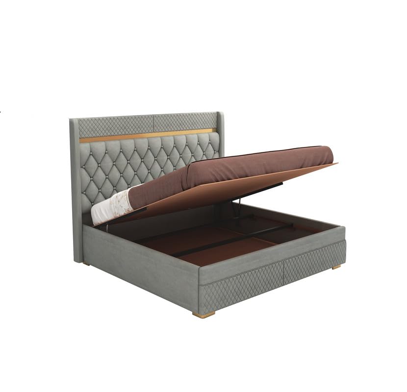 Image of MAMTA DECORATION Solid Wood Queen Size Bed with Hydraulic Box Storage | Premium Velvet Upholstered Tufted Headboard Double Bed | Wooden Cot Bed for Bedroom, Home, Hotel & Guest Room | Grey Finish