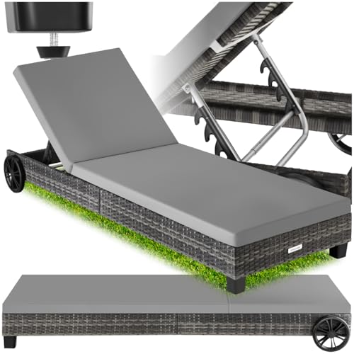 Preisvergleich Produktbild tectake® Rattan Sonnenliege, Gartenliege wetterfest mit Rollen und Verstellbarer Rückenlehne, Liegestuhl, Strandliege für Garten, Sonneninsel für Balkon, Relaxliege für Pool Lounge (grau)