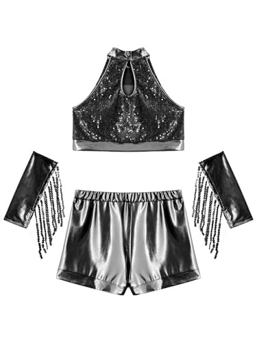 FEESHOW Kids Girls Jazz Latin Dance Outfits Sequin Halter Crop Tops with Shorts Tassel Gloves Set Performance Dancewear Black 12 Years4