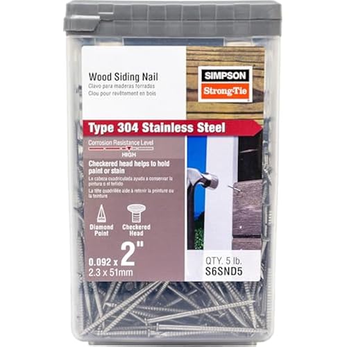 Simpson Strong-Tie S6SND5 Ring-Shank Wood Siding Nail, 2 Inch x 0.092 Inch, 13 Gauge, Full Round Head, Diamond Point, Type 304 Stainless Steel (Pack of 1225)