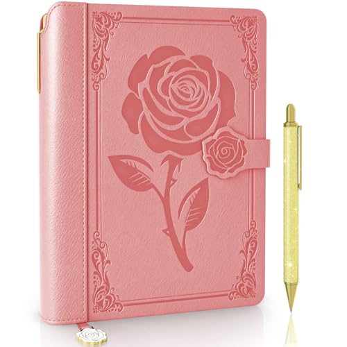 Aocii Journal en cuir pour femmes, journal quotidien ligné A5, magnifique journal pour l'écriture, journaux de voyage vintage à couverture rigide, 224 pages, stylo inclus (Pink)