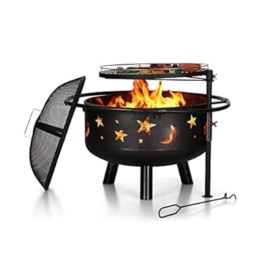 PHI VILLA 30" Outdoor Wood Burning Firepit with Cooking Grate, Patio Deep Bowl Steel Fire Pits for Outside with Adjustable Swivel BBQ Grill Pan, Star & Moon Cutouts Pattern, Poker & Spark Screen