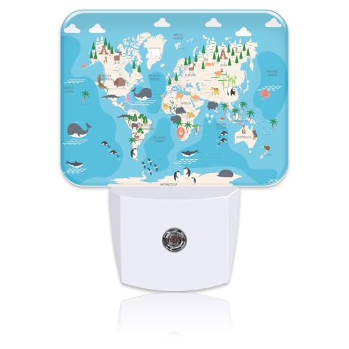 Image of Cute Animal World Map Night Light for Kids Girls Boys, Cartoon World Map LED Night Light Plug into Wall with Dusk to Dawn Sensor for Room, Hallway, Kitchen, Bathroom, Stairs Decor