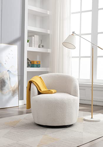 Ayoodfo Swivel Barrel Chair, Modern Teddy Fabric Club Chair 360 Degree Swivel Chair, Small Leisure Arm Chair Boucle Chair Swivel Accent Chairs For Living Room, Bedroom, Office, Lounge, Ivory White #TOP6