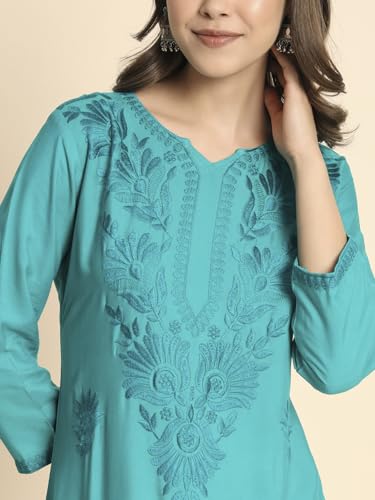 Image of VAIRAGEE Women's Embroidered Lukhnavi Chikankari Work Straight Rayon Ethnic Kurta | Casual Office Kurta for Women