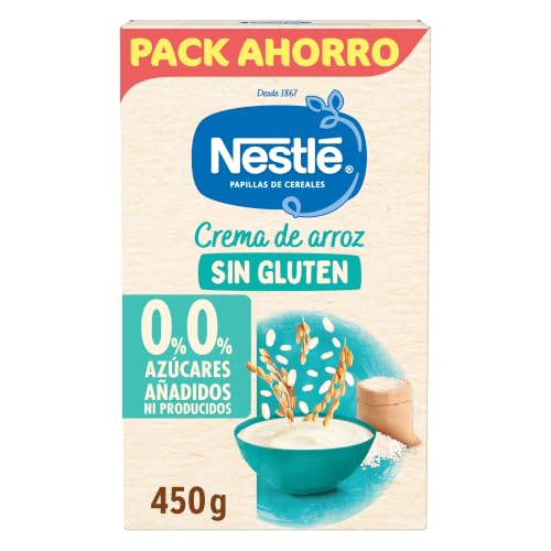 Nestlé Papilla Crema de Arroz 0%0% Azúcares Sin gluten +6 meses 450g | Papilla crema de arroz sin azúcares añadidos ni producidos, desde 6 meses, sin gluten, ideal como primera papilla