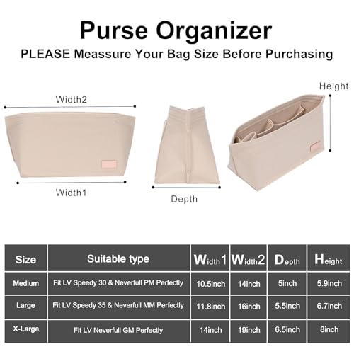 Doxo Purse Organizer Insert for Handbags & Base Shaper 2pc Set,Felt Organizer Insert Large Tote,Bag Organizer with Zipper 5 Sizes,Fit Speedy Neverfull MM/City33 and More(Beige-L-Combination)2