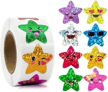 Squarezhenbo 8 Farben 500Pcs Smiling Star Stickers,1 Inch Small Stars Stickers Roll Self Adhesive Glitter Sparkly Foil Star Holographic Stickers For School Reward Decor Crafts Supplie (8 Colors)