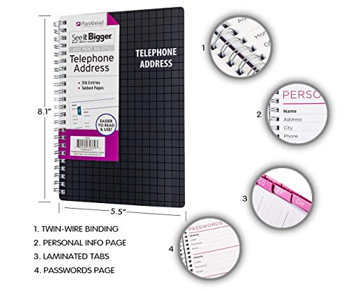 Planahead See It Bigger Telephone/Address Book; Large Print With Tabbed Pages (Black Grid) #TOP1