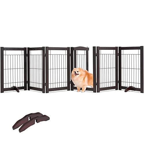 Simflag Freestanding Dog Gates With Door For The House 6 Panels Extra Wide Dog Gates For Doorways, Wooden Wire Dog Fences Indoor With 2 Support Feet, 122" W X 30" H Pet Gates For Dogs, Espresso #TOP6