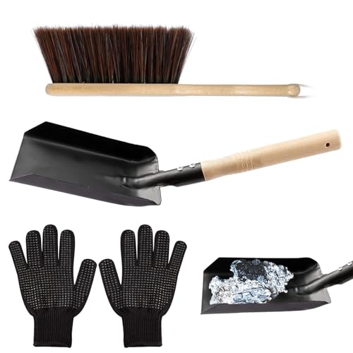 Juego De Limpieza Para Chimenea | Incluye Guantes Con Mango De Madera Y Metal - Kit De Pala Carbón Y Cepillo Chimenea - Para Estufa De Leña Carbón Hogar Fogata Interior Casa Jardín