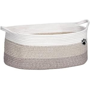 Dog Toy Basket, Toy Box and Bin for Dog Cat Storage, 19.7″ X 11″ X 7.9″ (30L) Large Woven Rope Basket for Blanket Storage, Living Room, Bedroom, White & Brown