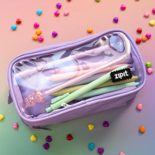 Image of ZIPIT Half & Half Pencil Case for Girls, 3 Compartment Zipper Pouch for School, Stationery Bag for Teen and Adults, Purple