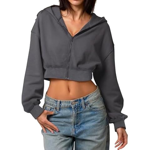 TZLDN Womens Cropped Hoodie Zip Up Sweatshirts Long Sleeve Tops Hooded Jackets Basic Fall Casual Outfits Dark Grey - X-Small Cover