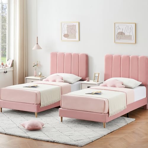 GarveeHome Twin Bed Frame, Velvet Upholstered Platform Bed with Wave Headboard for Girls/Kids, Easy Assembly, Wooden Slats Support, No Box Spring Needed, Pink