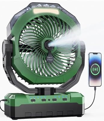 460ml Tank Portable Misting Fan,36000mAh Rechargeable Battery Powered Camping Fan with 4 Speeds,3 Timers,2 Light Modes,Jobsite Beach Summer Essentials,Mist Fan for Indoor Outdoor Patios Travel,Green
