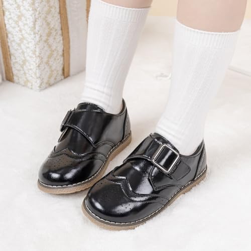Image of Meckior Toddler Boys Girls Dress Shoes Little Kid Oxford Shoes Wedding Church Dress Shoes PU Leather Lace Up School Uniform Loafer Flats