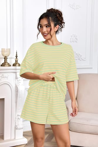 Image of Ythomm Striped Pajamas Shorts Sets Women 2 Piece Lounge Outfits Short Sleeve Tees Drawstring Shorts Summer Matching Pj Sets