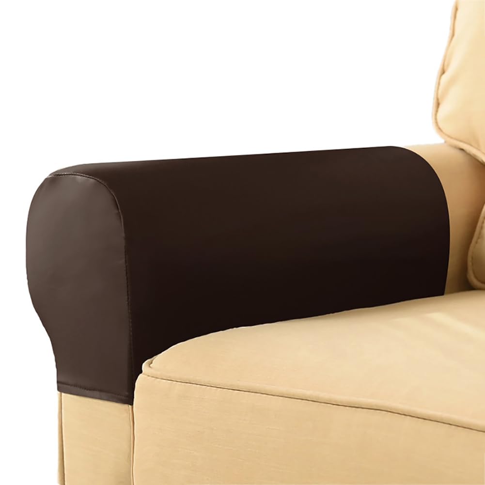 Lingxiya Brown Sofa Armrest Covers,Thick Waterproof Pu Leather Arm Covers For Chairs/Sofas,Stretch Armchair Couch Arm Caps Slipcovers For Furniture Protector,2Pcs (Brown)